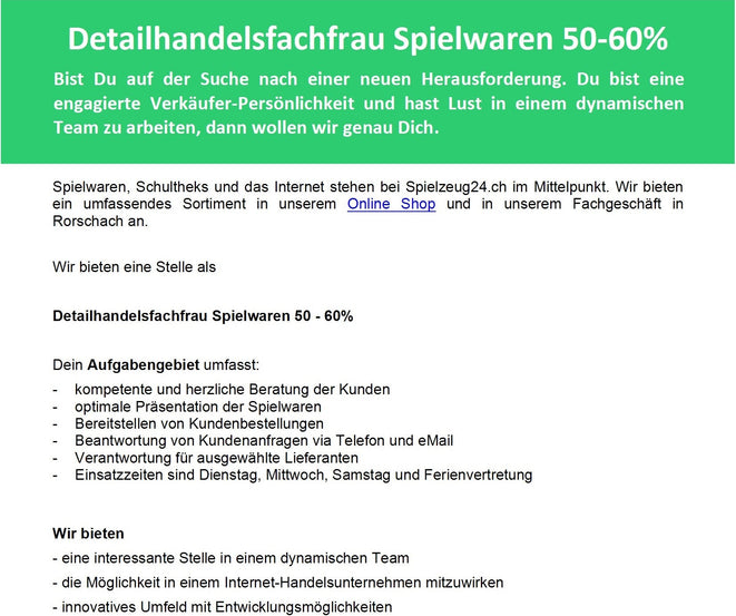 Detailhandelsfachfrau Spielwaren 50-60%