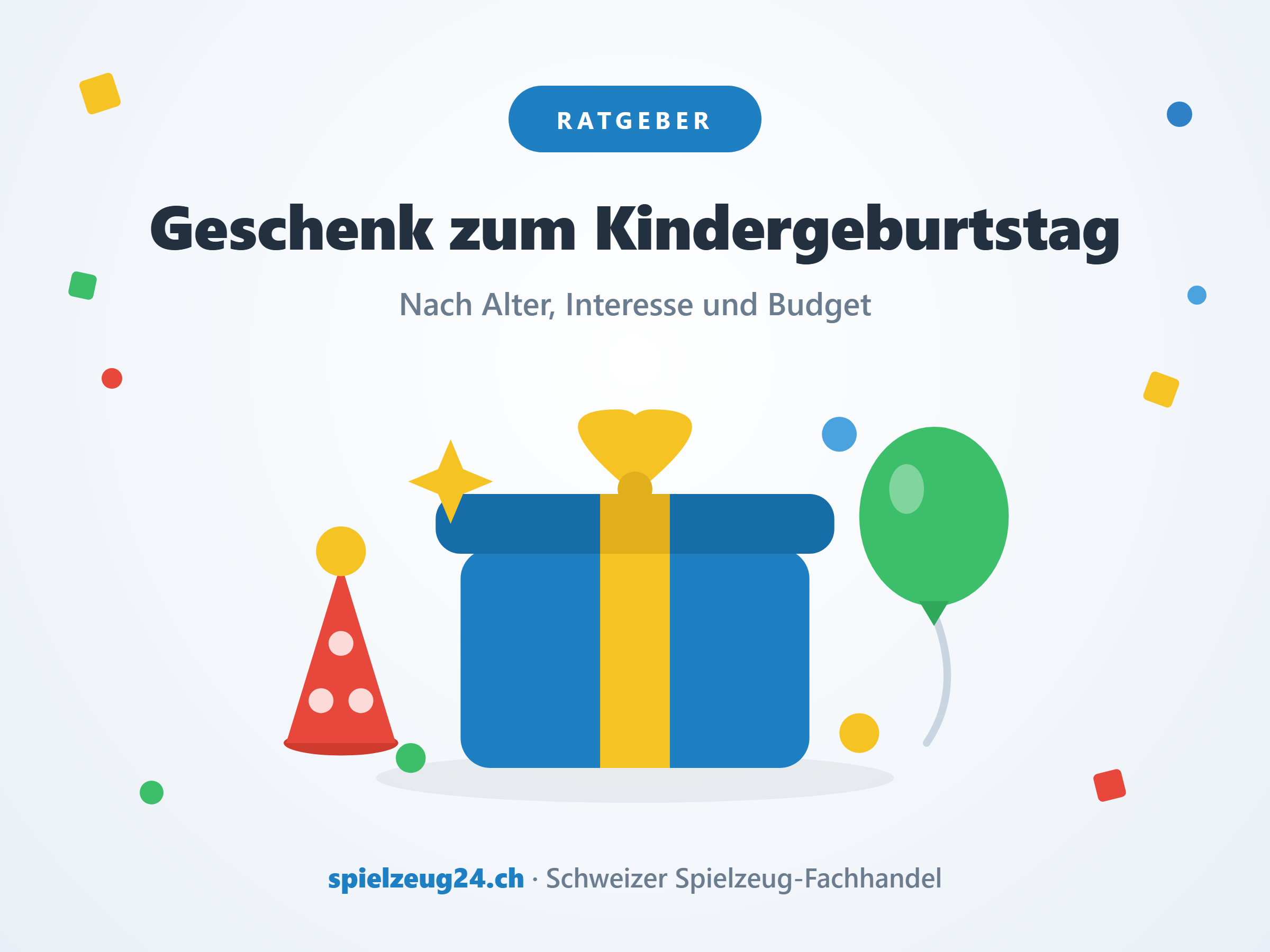 Geschenk zum Kindergeburtstag: verpacktes Geschenk mit Schleife, Partyhut und Ballon