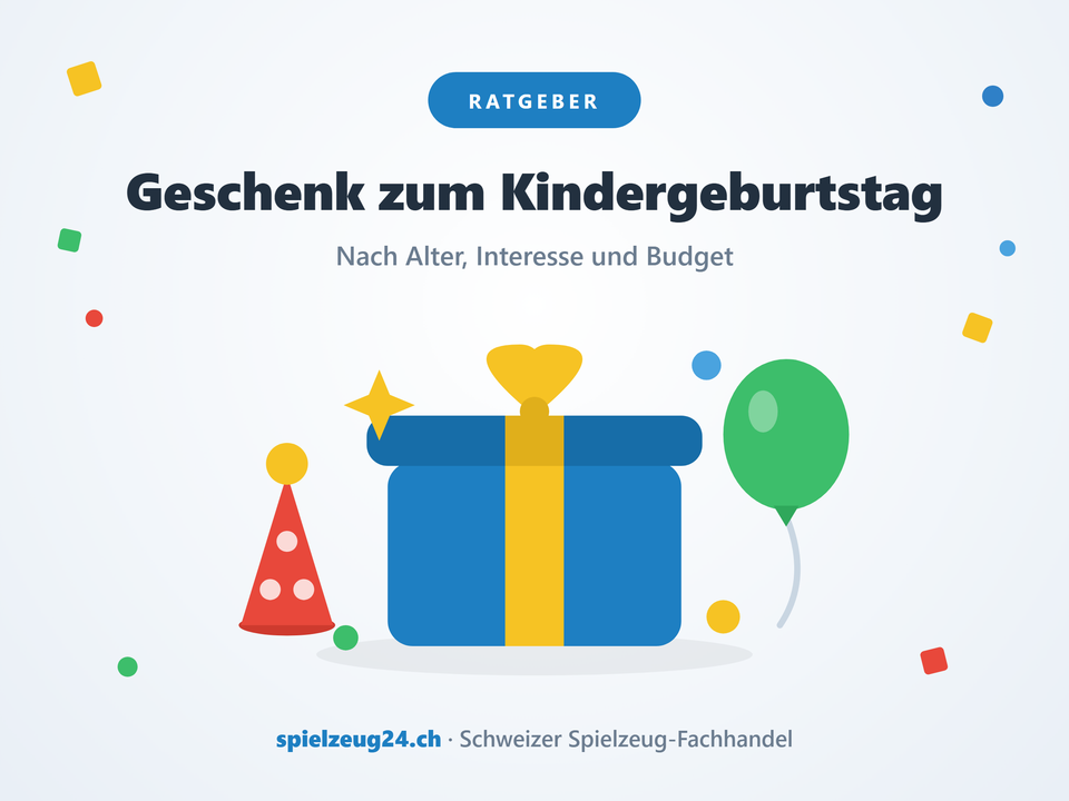 Geschenk zum Kindergeburtstag: verpacktes Geschenk mit Schleife, Partyhut und Ballon
