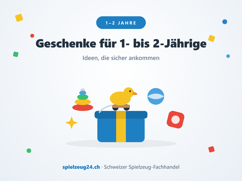 Geschenke für 1- bis 2-Jährige: Geschenkbox mit Ringstapler, Nachzieh-Ente, Ball und Softwürfel