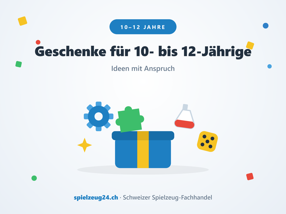 Geschenke für 10- bis 12-Jährige: Geschenkbox mit Zahnrad, Puzzleteil, Erlenmeyerkolben und Würfel