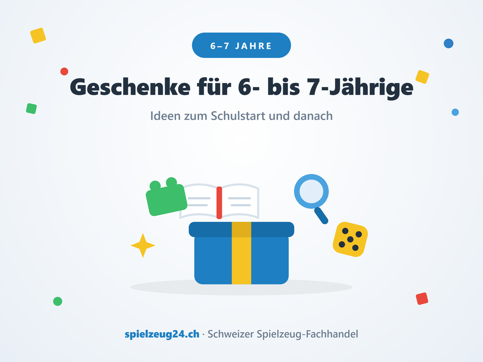 Geschenke für 6- bis 7-Jährige: Geschenkbox mit aufgeschlagenem Buch, Bauklotz, Lupe und Würfel