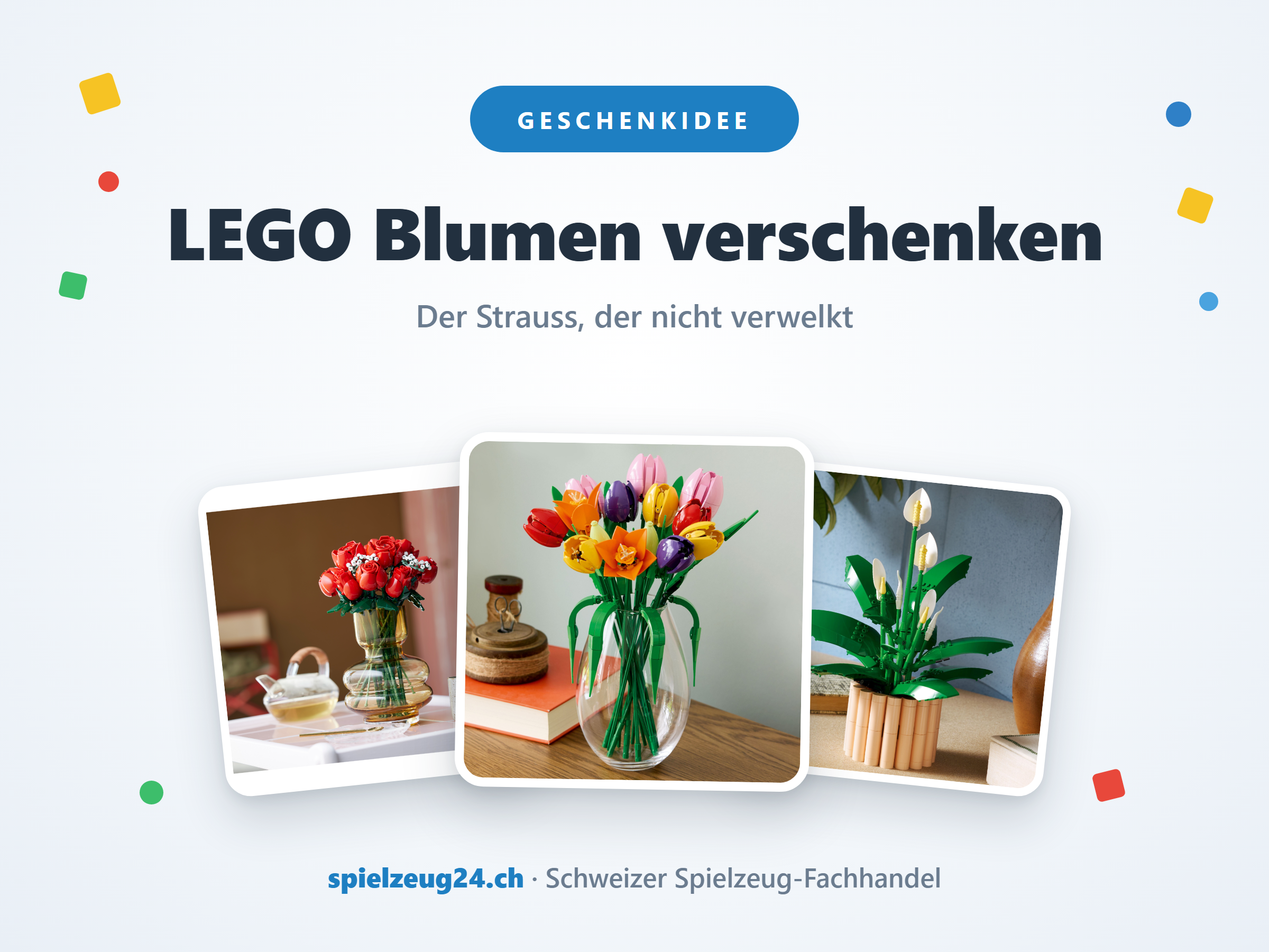 LEGO Blumen als Geschenk: roter Rosenstrauss, bunter Tulpenstrauss in einer Glasvase und eine weisse Friedenslilie im Topf