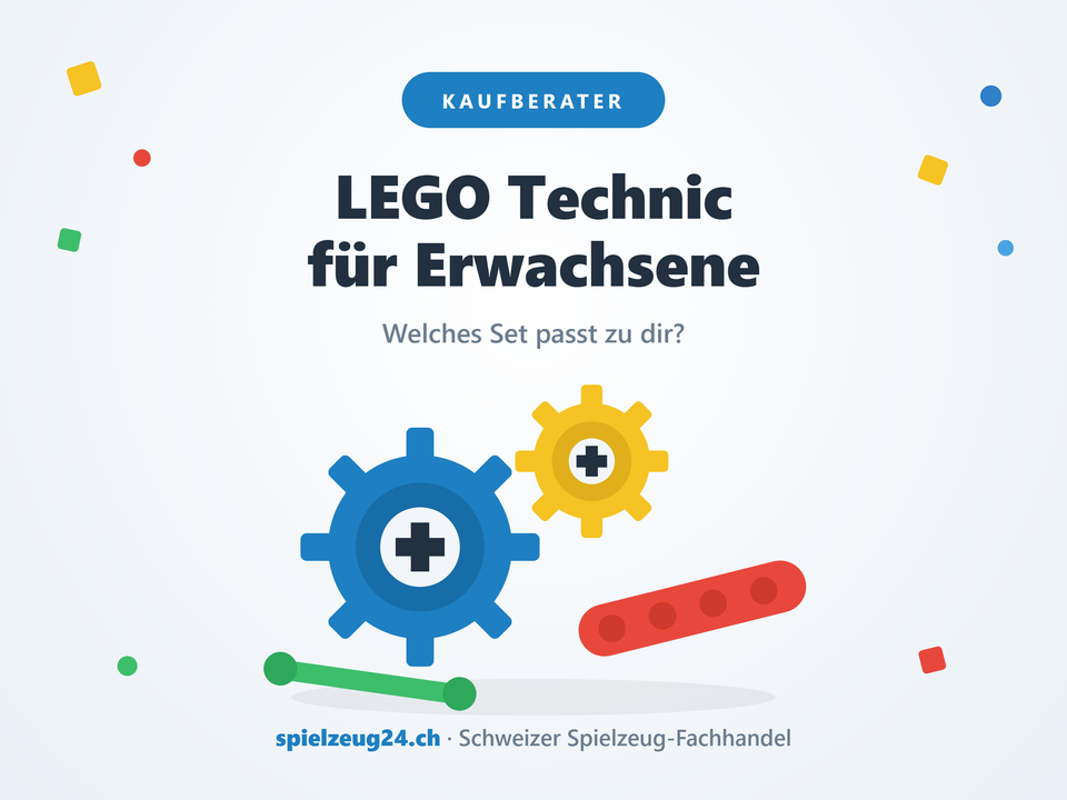 Zwei ineinandergreifende LEGO-Technic-Zahnräder mit Achskreuz-Loch, dazu ein roter Liftarm und eine grüne Achse — Beitragsbild zum Ratgeber, welches LEGO Technic Set für Erwachsene passt.