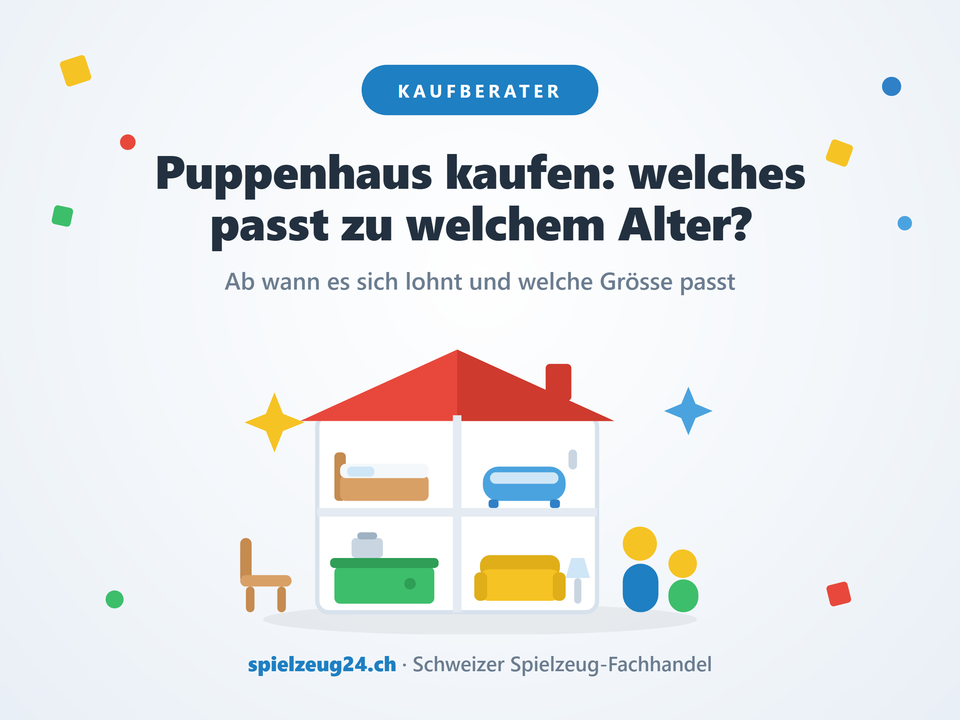 Puppenhaus kaufen – Illustration eines offenen Puppenhauses mit Bett, Badewanne, Küche und Sofa