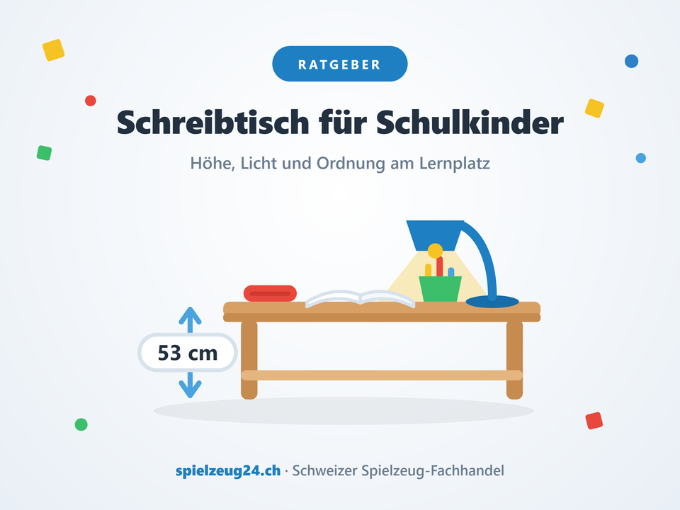 Schreibtisch für Schulkinder mit Massband für die Tischhöhe, Lampe, Heft und Etui