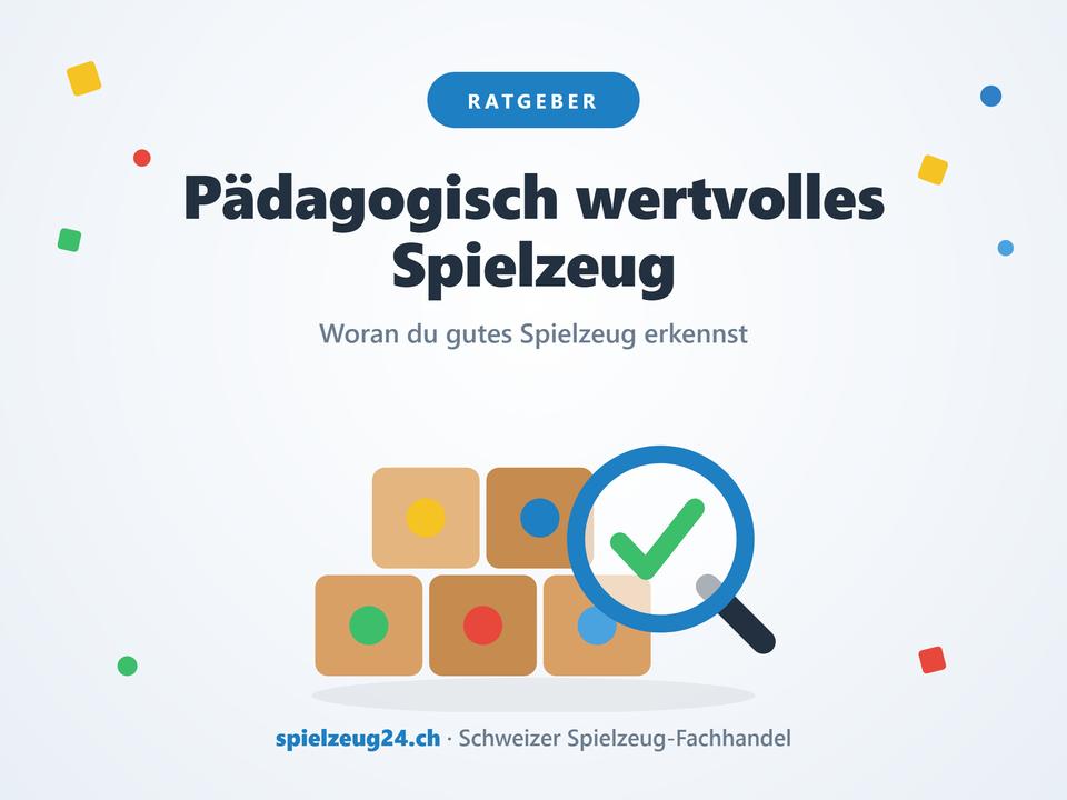Pädagogisch wertvolles Spielzeug erkennen – Lupe mit grünem Häkchen über bunten Holzbausteinen