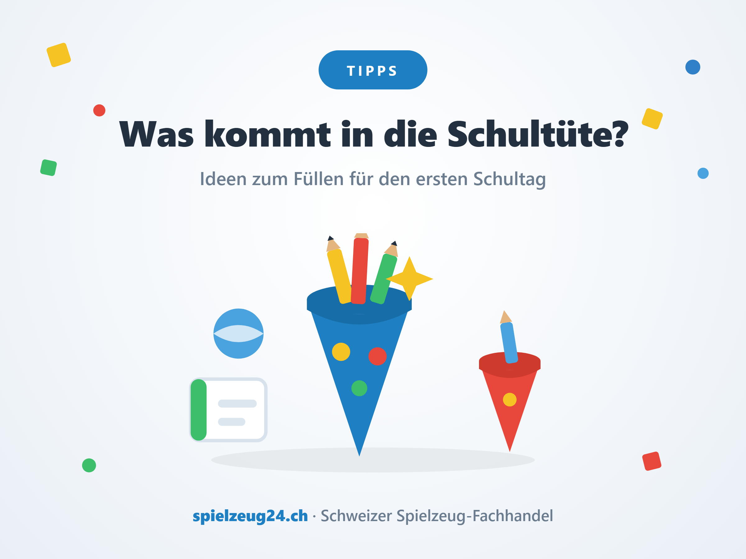 Illustrierte blaue Schultüte mit Farbstiften und kleine rote Geschwistertüte daneben