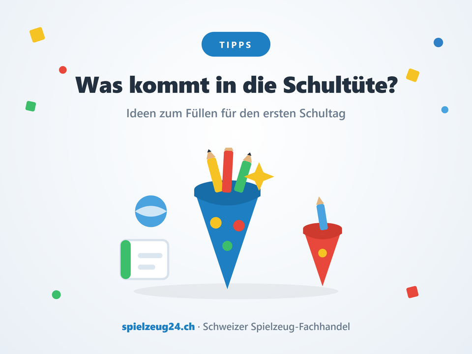 Illustrierte blaue Schultüte mit Farbstiften und kleine rote Geschwistertüte daneben