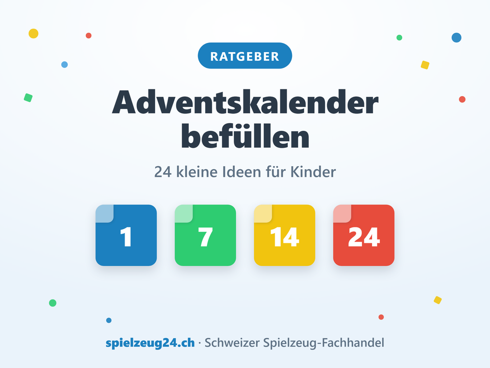 Adventskalender befüllen – nummerierte Türchen 1, 7, 14, 24 in Spielzeug24-Markenfarben