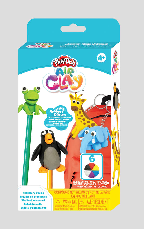 Play-Doh Air Clay Zubehörstudio, Verpackung mit Tierfiguren am Rucksack