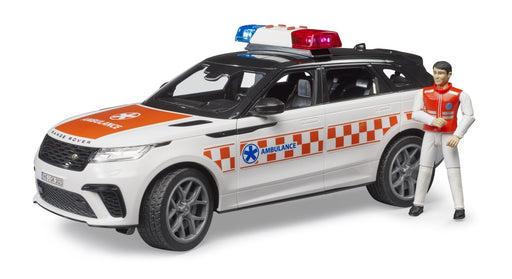 Bruder Range Rover Velar Notarztfahrzeug schräg von vorne mit Notarzt-Figur neben der Fahrertür