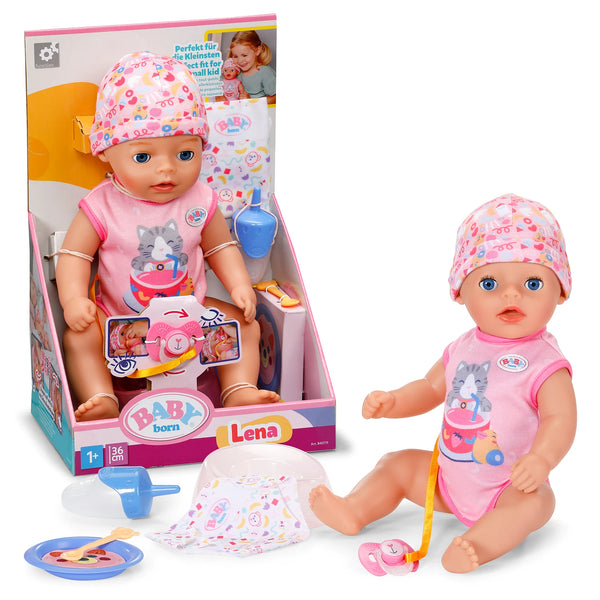 BABY born Lena in der Verpackung mit Altersangabe 1+ und 36 cm, daneben die Puppe mit Schnuller, Fläschchen, Töpfchen, Windel und Teller