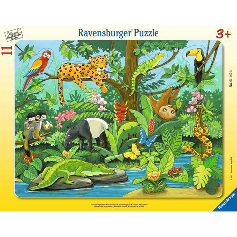 Rahmenpuzzle Tiere im Regenwald von Ravensburger, 11 Teile, mit Leopard und Papageien