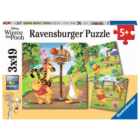 Verpackung Ravensburger Kinderpuzzle Winnie Puuh Tag des Sports 3x49 Teile 05187