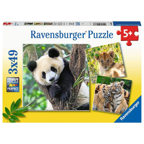 Verpackung Ravensburger Kinderpuzzle Panda, Tiger und Löwe 3x49 05666