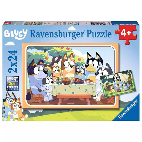 Verpackung Ravensburger Kinderpuzzle Bluey Auf geht's 2x24 Teile 05711
