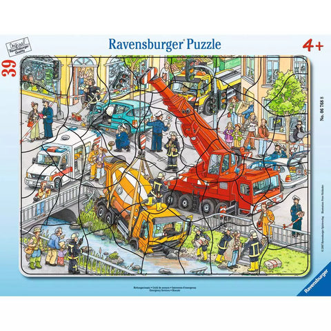 Ravensburger Rahmenpuzzle Rettungseinsatz, 39 Teile, mit Kranwagen und Feuerwehr