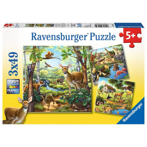 Verpackung Ravensburger Kinderpuzzle Wald-, Zoo- und Haustiere 3x49 09265