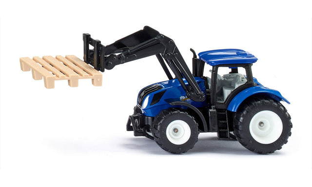 Siku New Holland Traktor 1544 mit Palettengabel und Palette, Seitenansicht