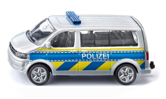 Siku VW T5 Autobahnpolizei 1553 in Silber mit blau-gelben Streifen, Seitenansicht
