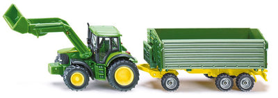 Siku Farmer John Deere 1843 mit Frontlader und Dreiachs-Muldenkipper, Seitenansicht