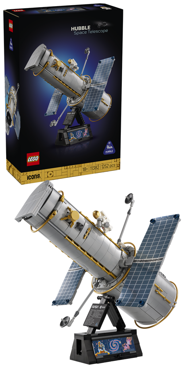 Verpackung und fertiges Modell von LEGO Icons 11382 Hubble-Weltraumteleskop