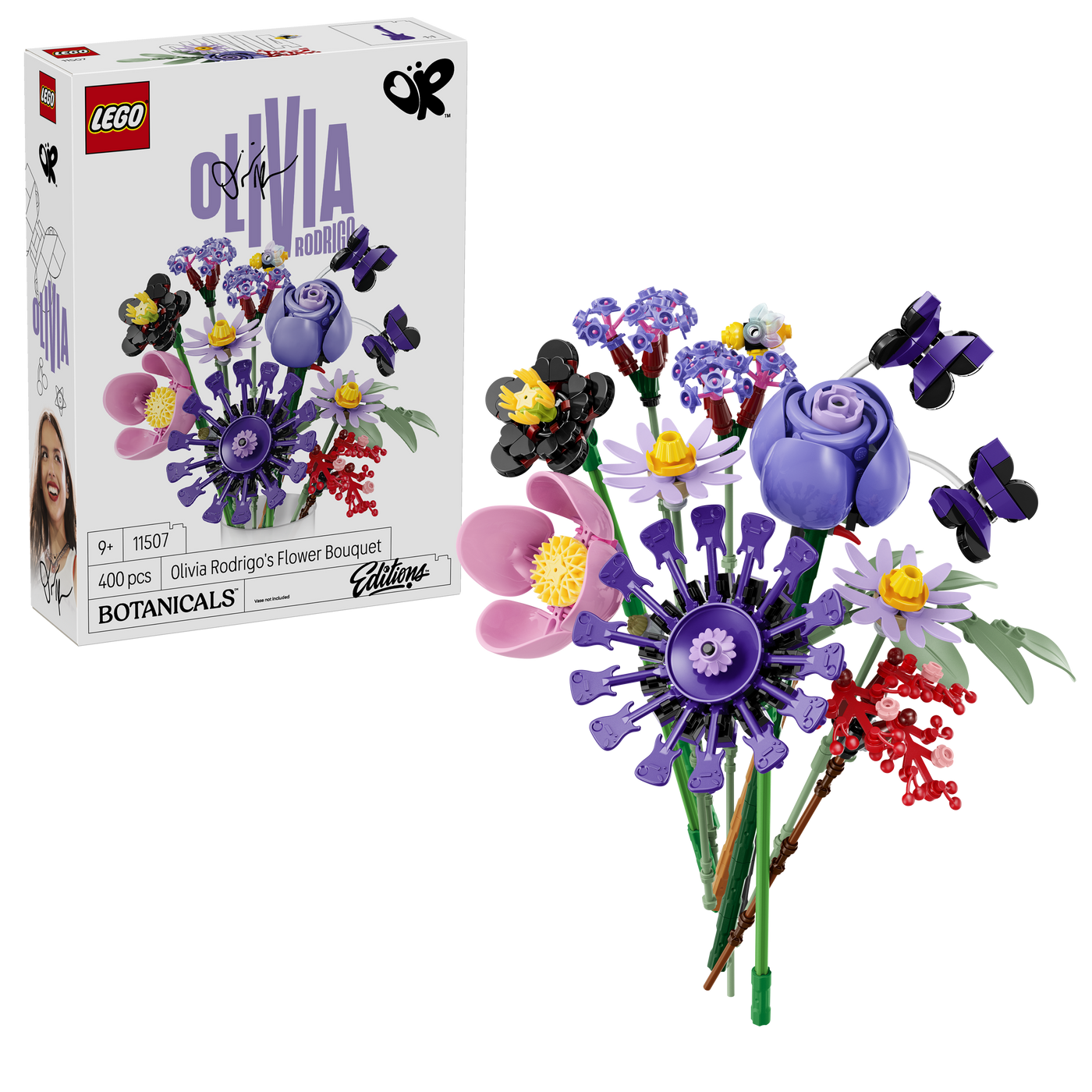 Verpackung und fertiger Strauss von LEGO Botanicals 11507 Olivia Rodrigos Blumenstrauss
