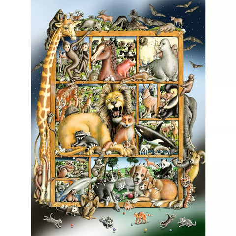 Motiv Tiere im Regal: Löwe, Giraffe und Robbe in Regalfächern, Puzzle 00862