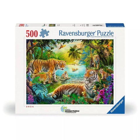 Verpackung Ravensburger Puzzle Tigerfamilie in der Oase 500 Teile 01384