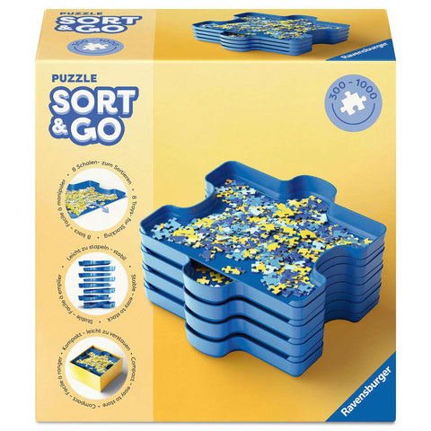 Puzzle Sort & Go von Ravensburger: Verpackung mit stapelbaren blauen Sortierschalen in Puzzleteil-Form, für 300 bis 1000 Teile