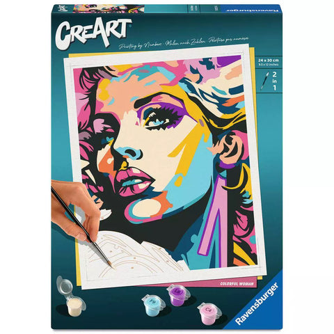 Verpackung Ravensburger CreArt Farbenfrohe Frau 23274, Malen nach Zahlen