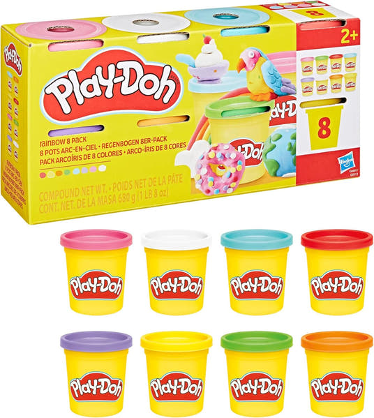 Play-Doh 8er-Pack Regenbogen, Verpackung mit acht Dosen davor
