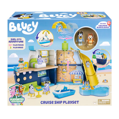 Verpackung des BLUEY Kreuzfahrtschiff Spielsets mit aufgeklapptem Schiff, Wasserrutsche und den Figuren Bluey und Bingo