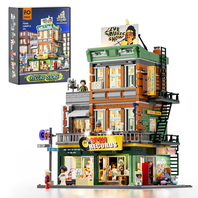 Lumibricks Plattenladen: Verpackung und fertiges Eckhaus mit Spin-Records-Schild und Live-Music-Show-Billboard