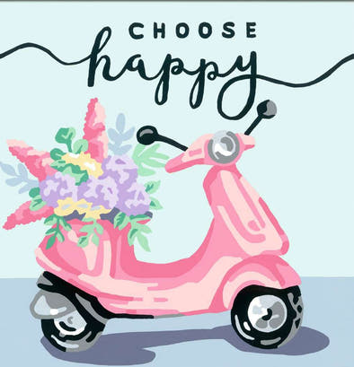 CreArt Choose happy 20125, fertiges Motiv mit rosa Roller und Blumen