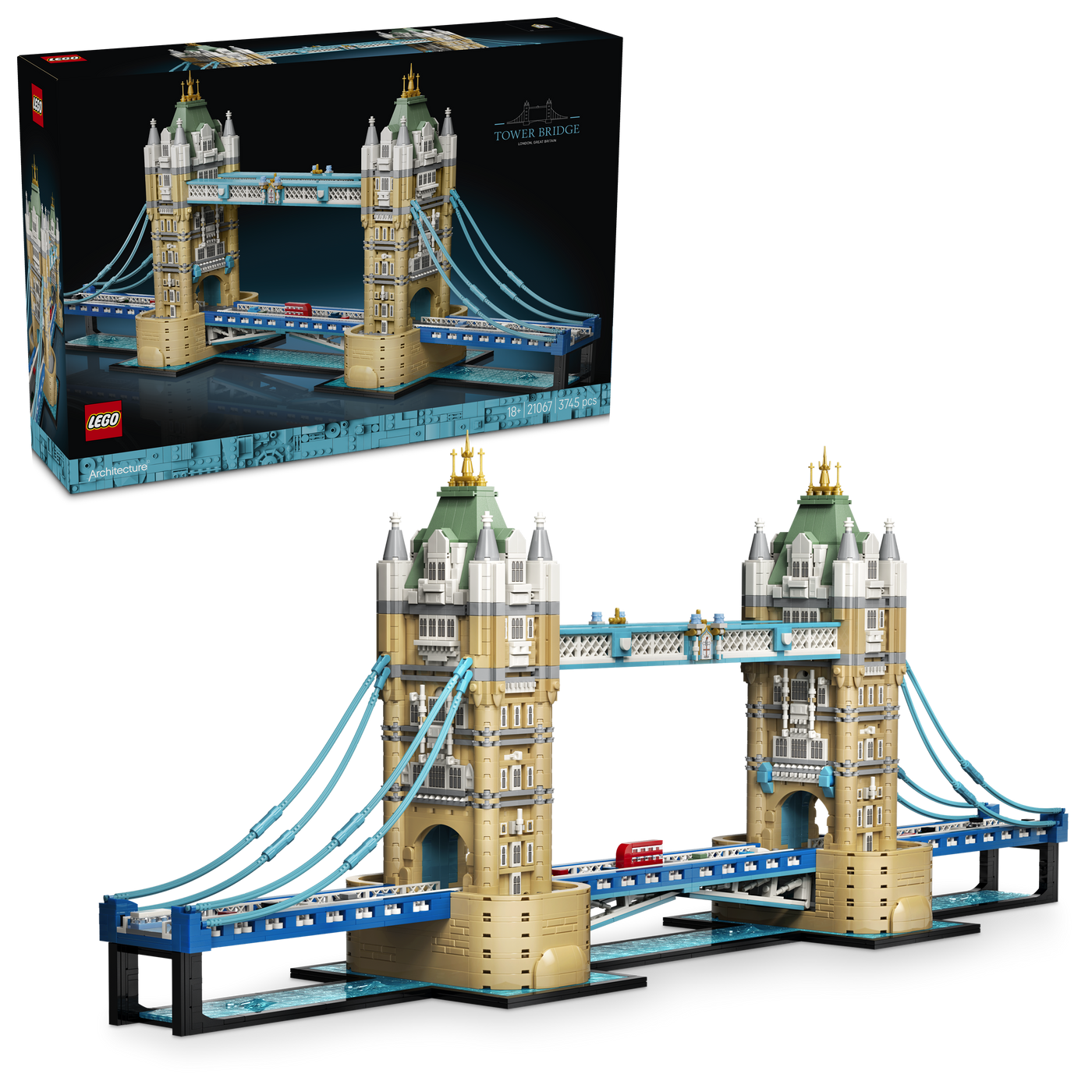 Verpackung und fertiges Modell von LEGO Architecture 21067 Tower Bridge