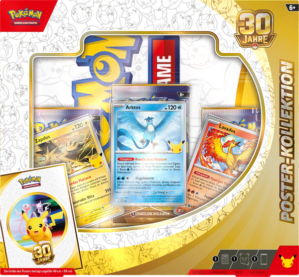 Pokémon 30 Jahre Poster-Kollektion: Verpackung von vorn mit den Promokarten Zapdos, Arktos und Lavados im Sichtfenster