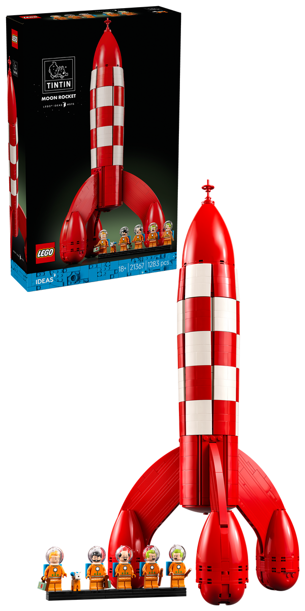 Verpackung des LEGO Ideas Tintin Moon Rocket 21367 mit dem fertigen Modell