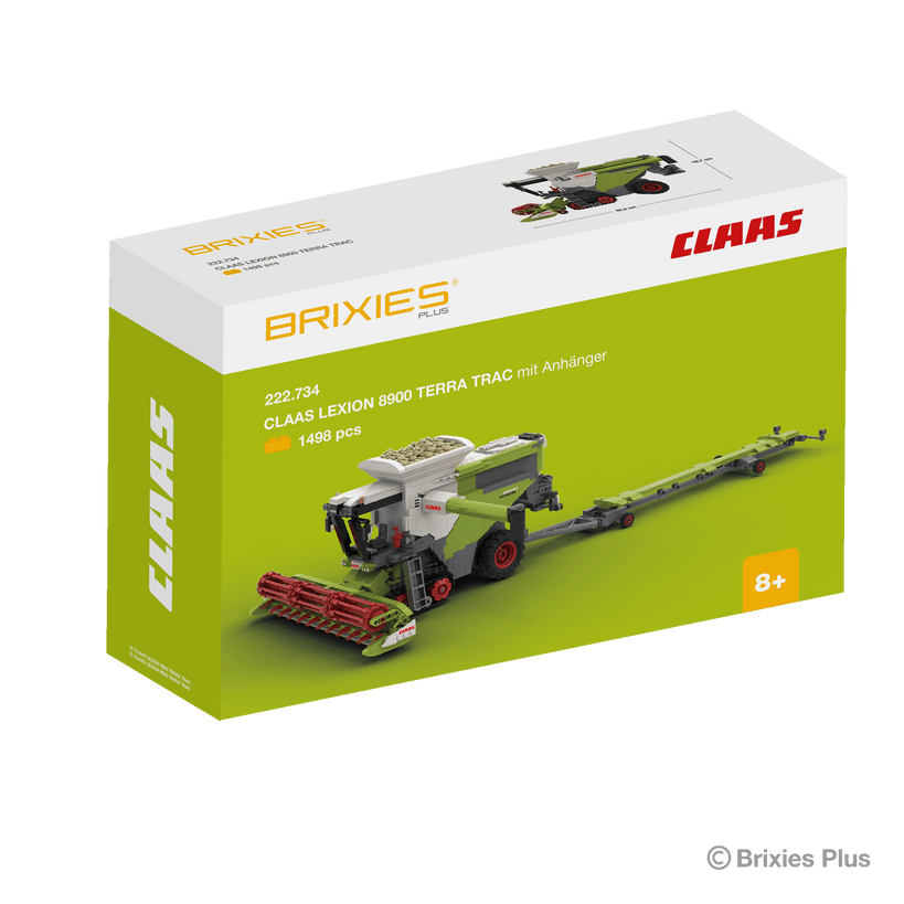 Verpackung BRIXIES Plus 222.734 CLAAS LEXION 8900 TERRA TRAC mit Anhänger, 1498 Teile, ab 8 Jahren, Modell 32,3 cm lang
