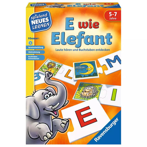 Ravensburger E wie Elefant 24951 Verpackung mit Elefant und Buchstabenkarten