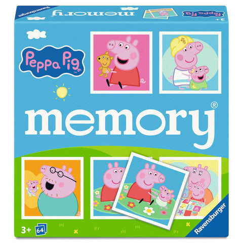 memory Peppa Pig von Ravensburger: Verpackung vorne mit Peppa, Mama und Papa Wutz und Baby Evie, ab 3 Jahren, 64 Karten