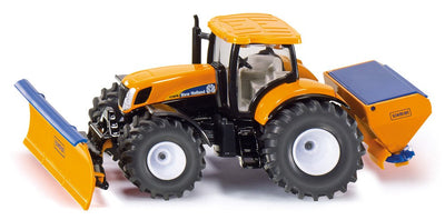 Siku New Holland mit Räumschild und Streuer 02.940 in Orange, Seitenansicht