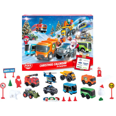 Verpackung des Dickie Christmas Calendar mit allen Fahrzeugen und Zubehoerteilen davor ausgelegt