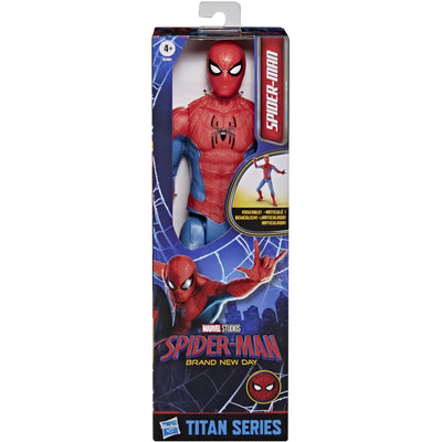 Verpackung der Spider-Man Titan Serie Figur Brand New Day mit Sichtfenster und Altersangabe 4+