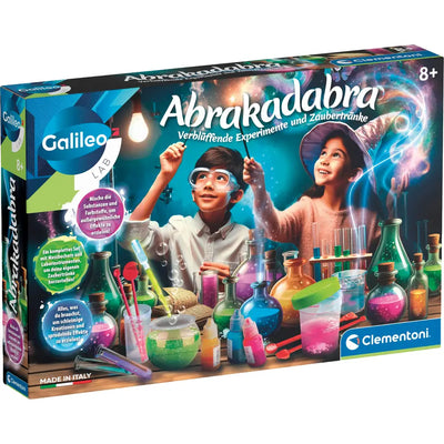 Verpackung des Galileo Abrakadabra Chemie-Sets von Clementoni mit zwei Kindern und leuchtenden Reagenzgläsern