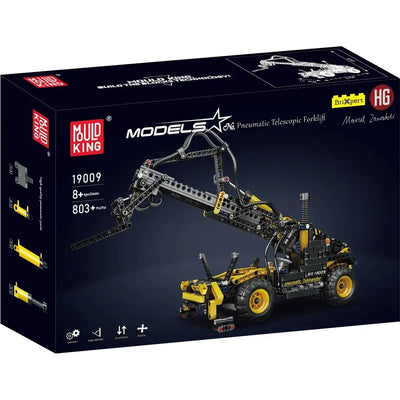 Verpackung des Mould King 19009 Pneumatic Telescopic Forklift mit Abbildung des gelben Teleskopstaplers