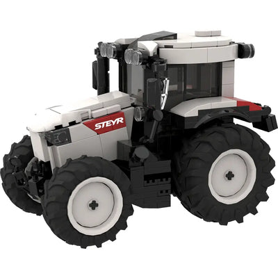 Weisser Steyr Impuls 6200 Traktor aus Klemmbausteinen mit rotem Zierstreifen und Scheinwerferleiste
