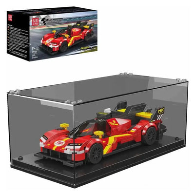 Roter Mould King FR499P Le Mans Hypercar in durchsichtiger Vitrine, daneben die Verpackung