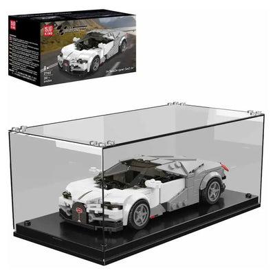 Weisser Mould King Tourbillon Sportwagen in durchsichtiger Vitrine, daneben die Verpackung